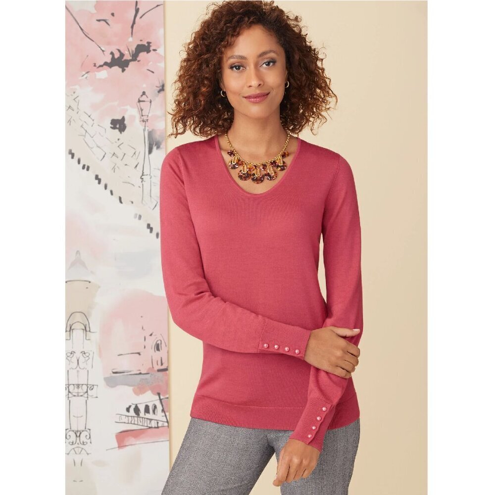 NWOT Talbots Merino Wool Pullover Pink V-neck Sweater Women’s Long Sleeve Size 2